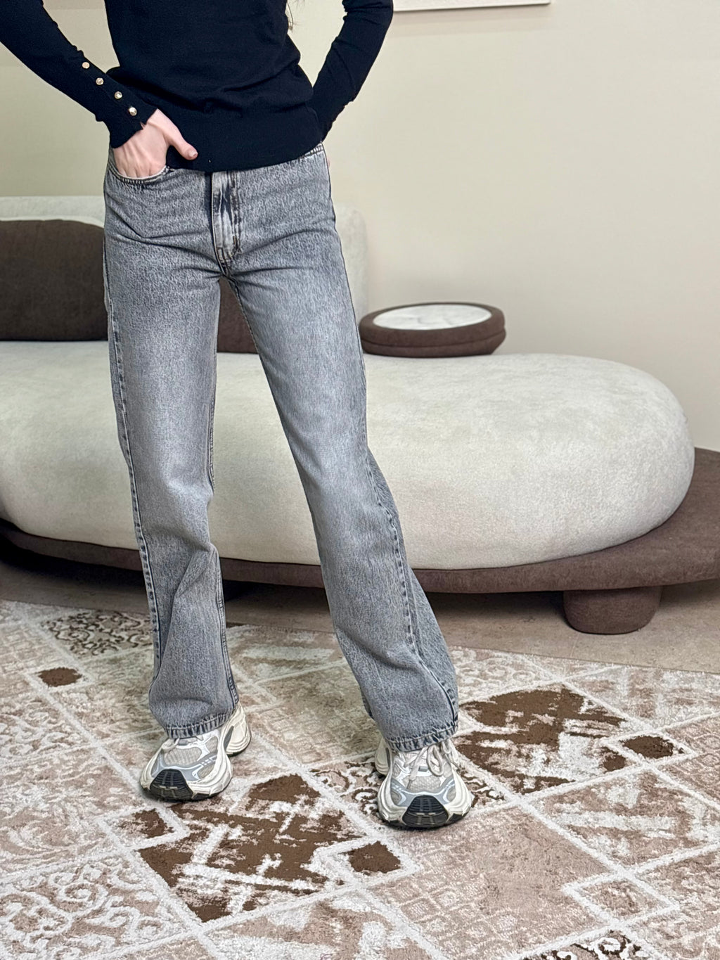 Grey High-Waist Straight Denim