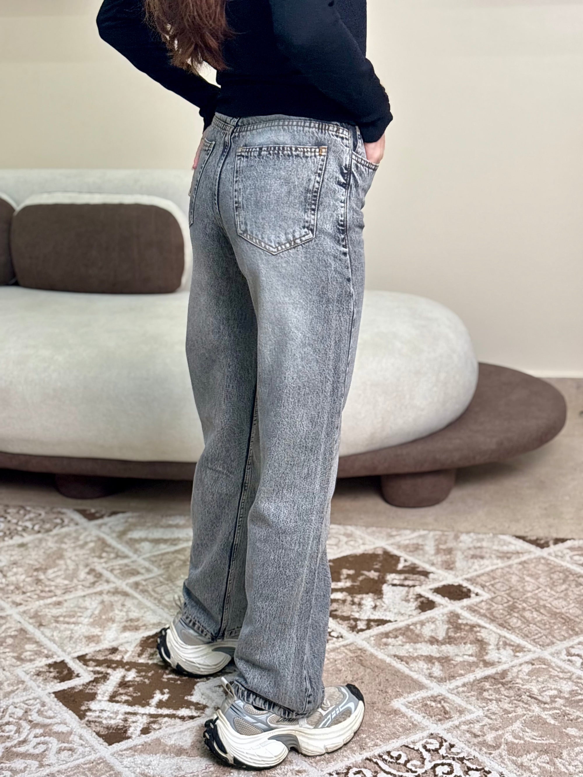 Grey High-Waist Straight Denim
