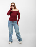 OFF -Shoulder Knitted Top - Burgundy