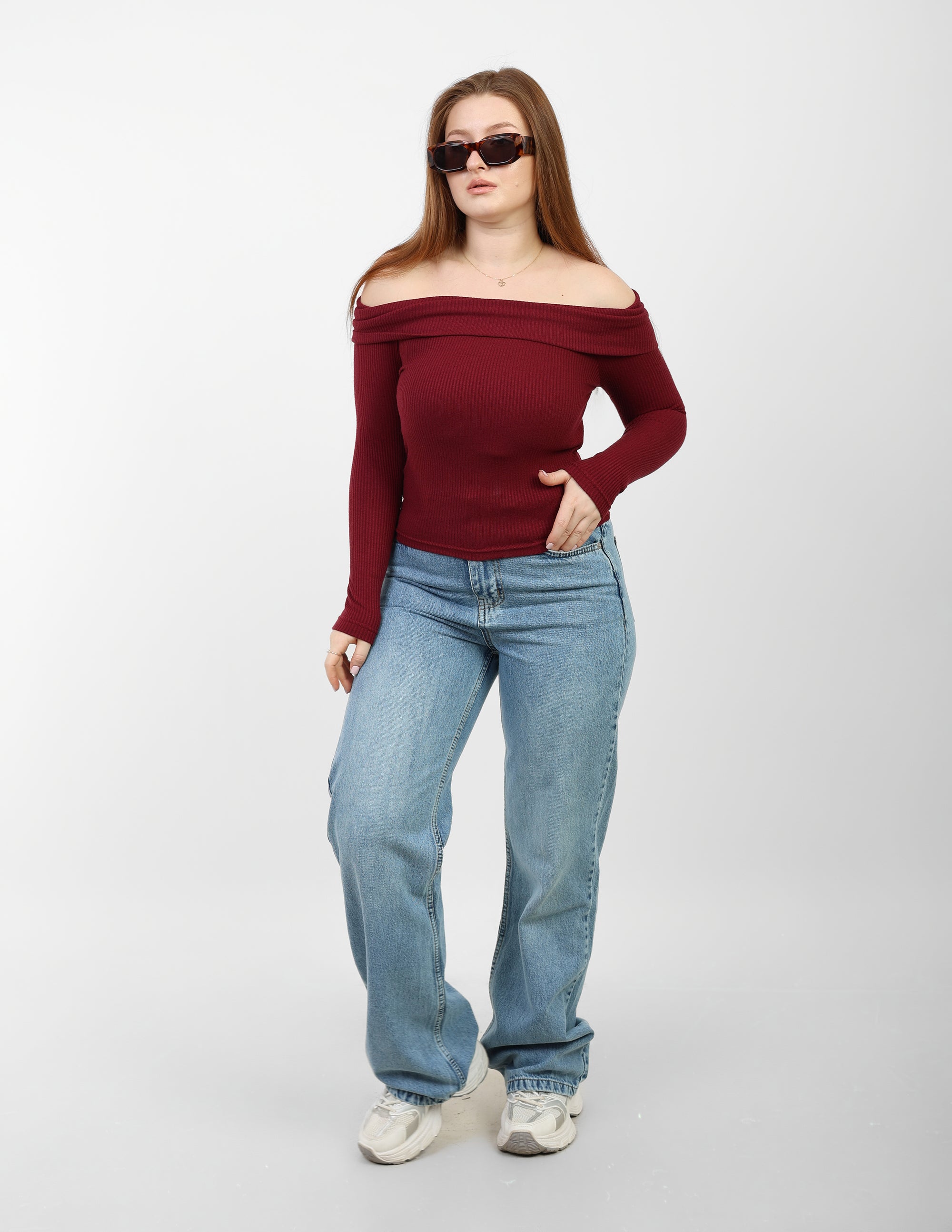 OFF -Shoulder Knitted Top - Burgundy