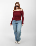 OFF -Shoulder Knitted Top - Burgundy