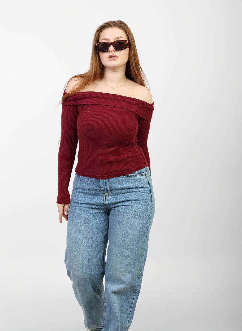 OFF -Shoulder Knitted Top - Burgundy