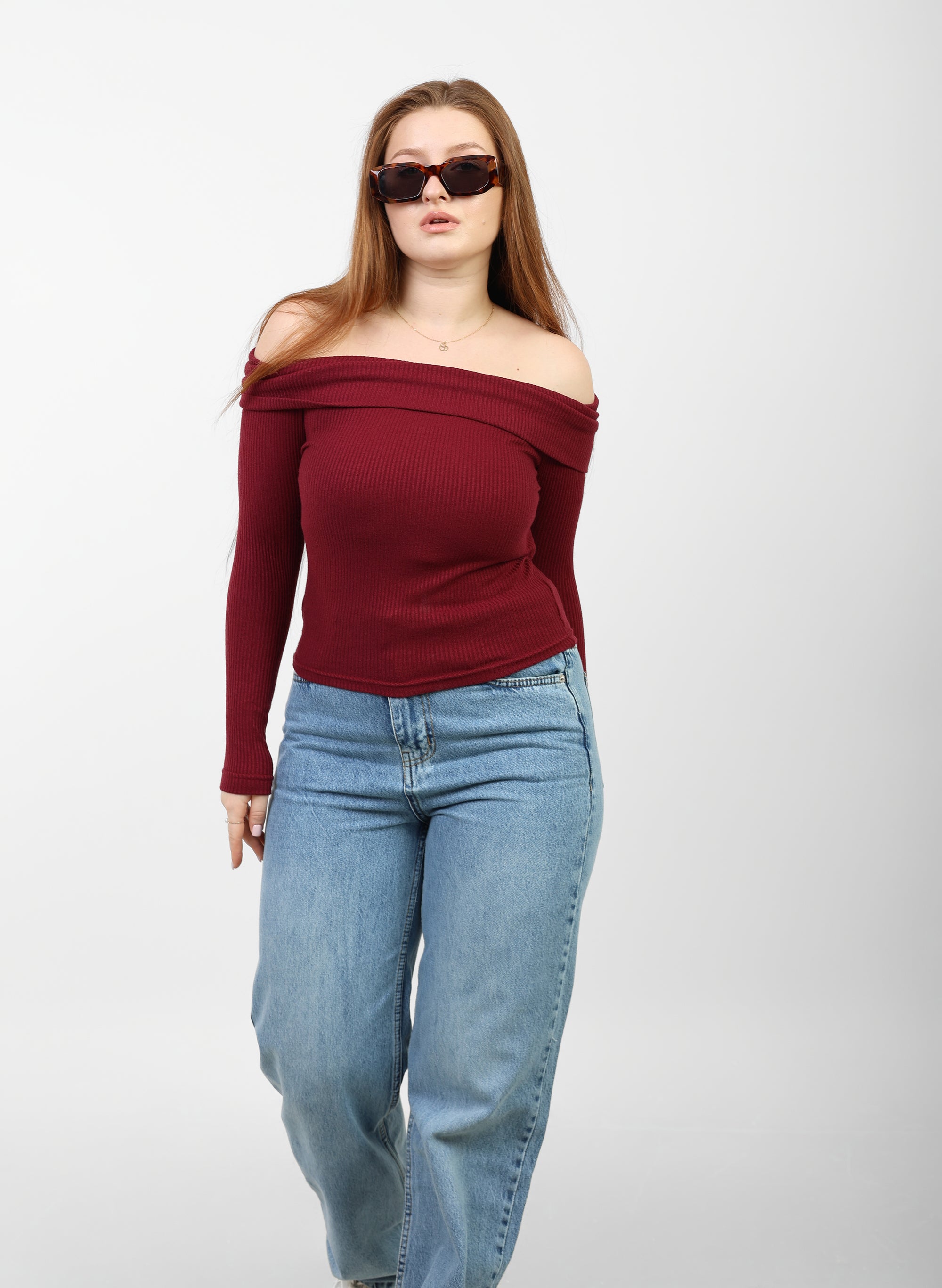 OFF -Shoulder Knitted Top - Burgundy