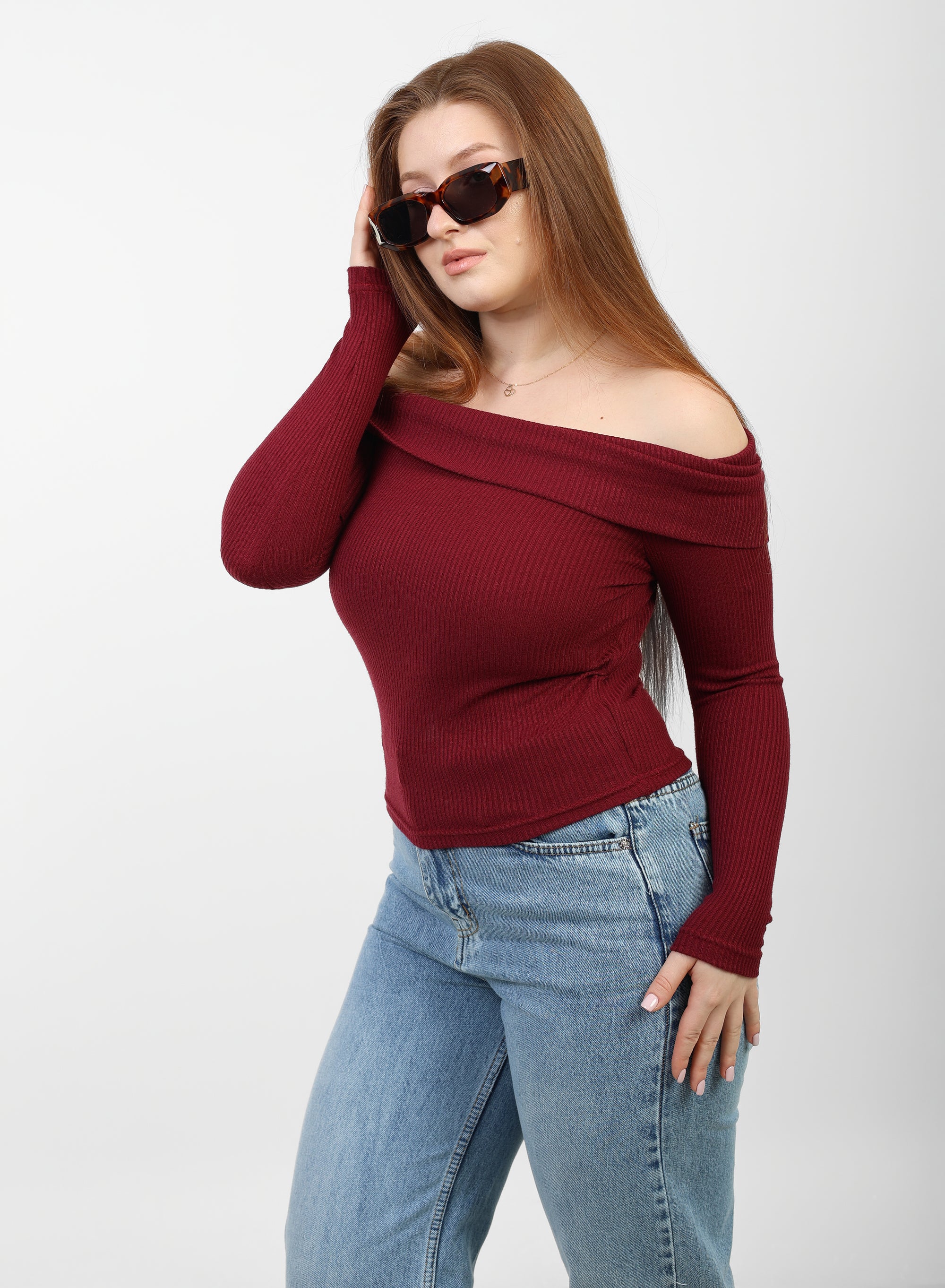 OFF -Shoulder Knitted Top - Burgundy