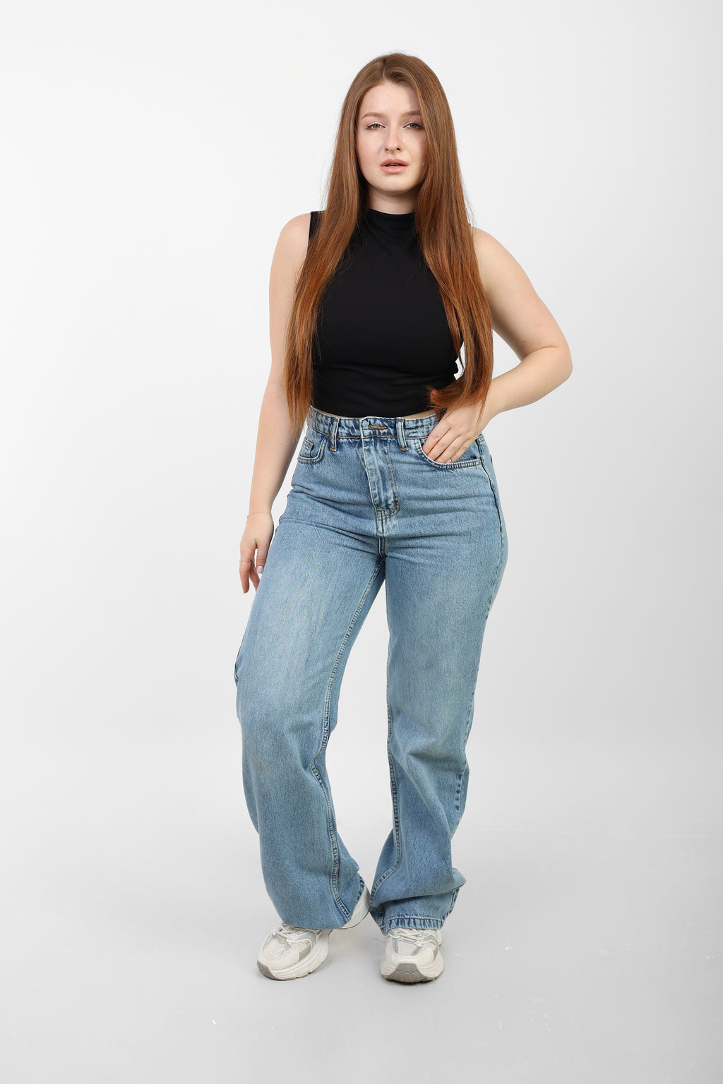 Blue High-Waist Straight Leg Denim