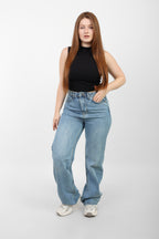 Blue High-Waist Straight Leg Denim