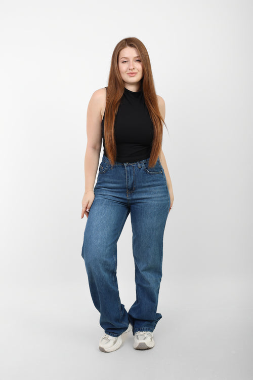 Dark Blue High-Waist Straight Leg Denim