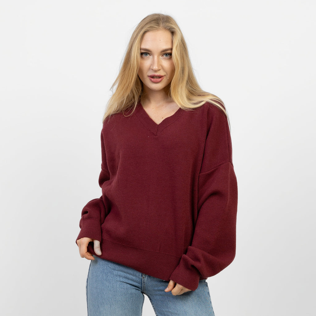 V-Neck Oversized Sweater - Burgandy