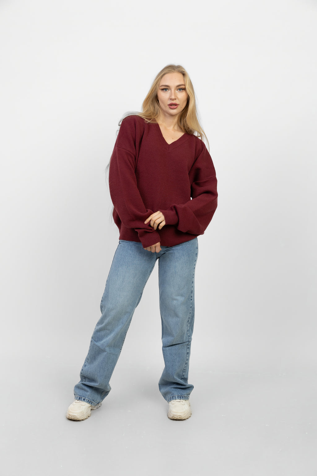 V-Neck Oversized Sweater - Burgandy