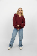 V-Neck Oversized Sweater - Burgandy