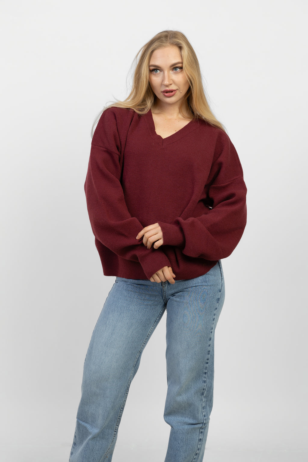 V-Neck Oversized Sweater - Burgandy