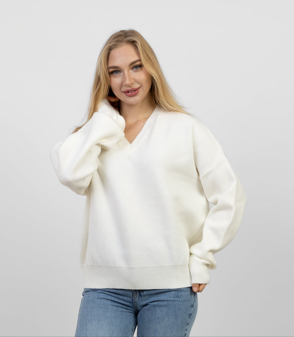 V-Neck Oversized Sweater - White