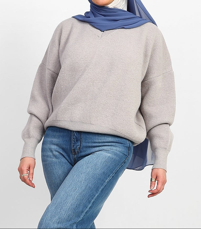 V-Neck Oversized Sweater - Grey