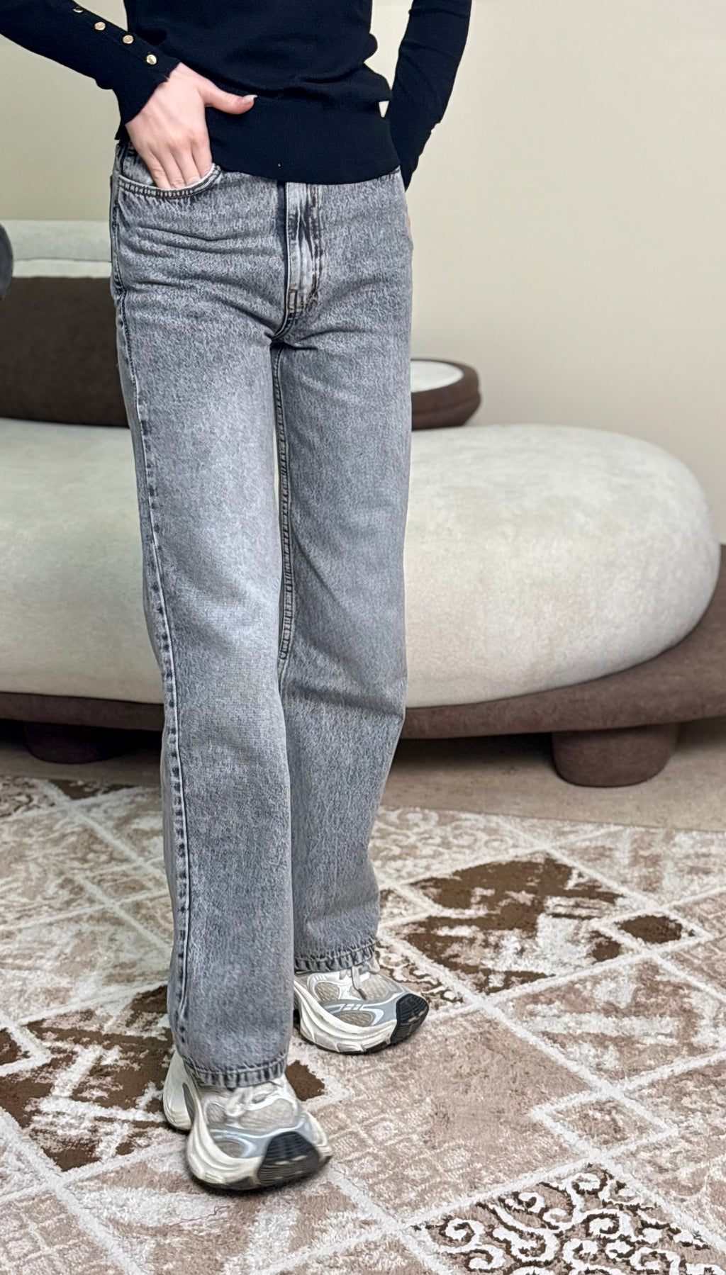 Grey High-Waist Straight Denim