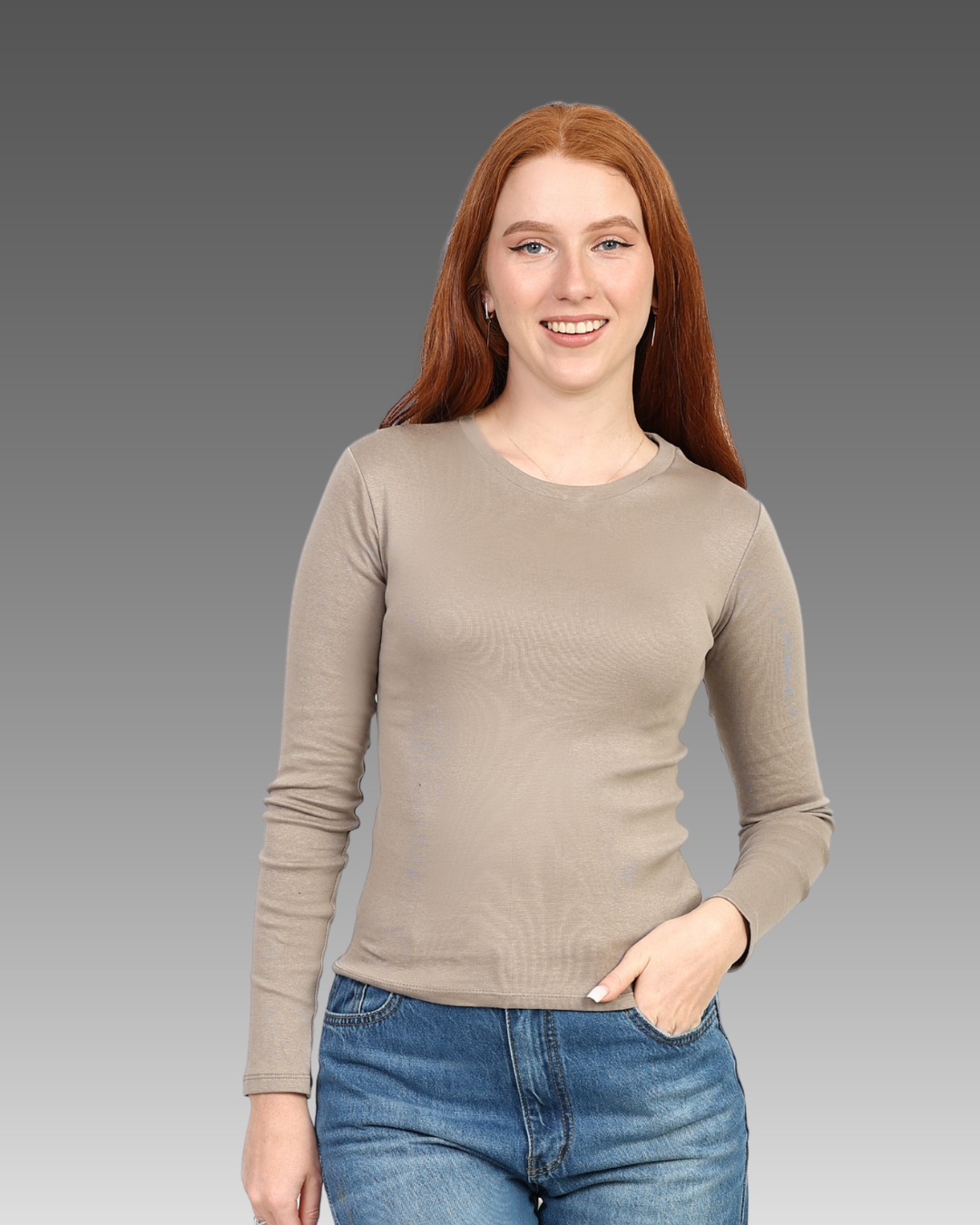 Crewneck Long Sleeve Top - Light Beige
