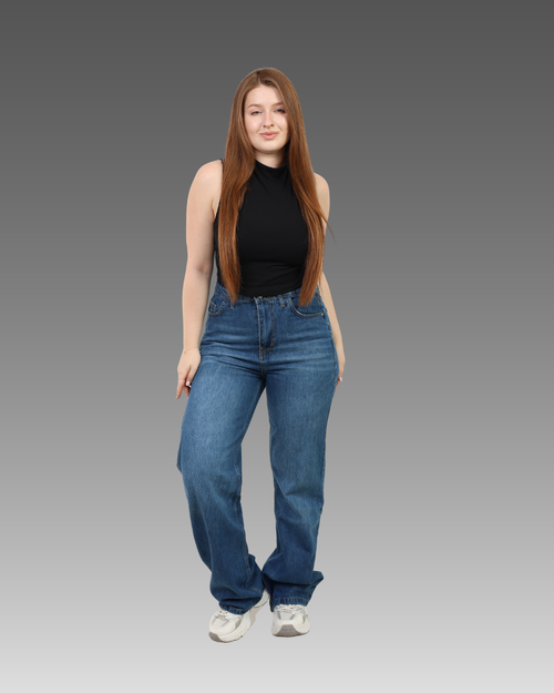 Dark Blue High-Waist Straight Leg Denim